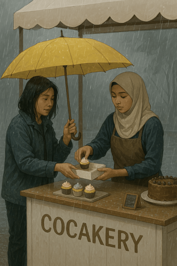 A woman holding a cupcake box and helping a baker during a rainy day at a street cart in Malaysia.