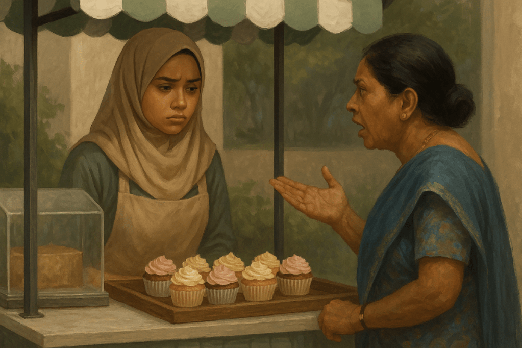 An Indian woman reacting loudly at a cupcake cart after hearing the price, while the home baker stands calmly.