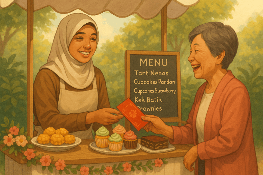 A smiling elderly Chinese woman handing a red packet (angpow) to a home baker at a cupcake cart decorated for Chinese New Year.