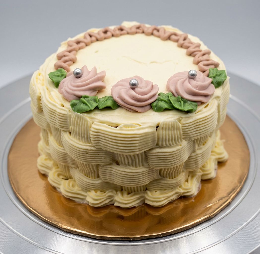 This is mini flower basket cake with cream white colour and lilac flowers