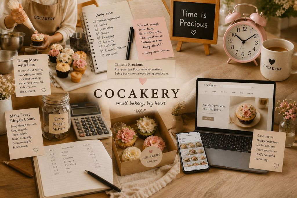 Cozy small bakery workspace with cupcakes, baking tools, daily planner, calculator, financial records, laptop and COCAKERY.